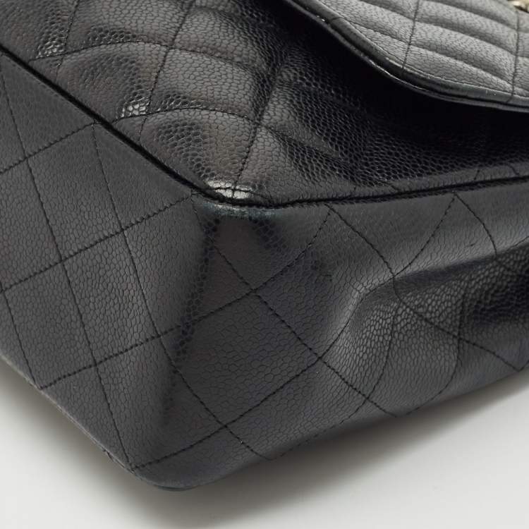 Pre Owned Chanel Black Quilted Caviar Leather Jumbo Classic Single Flap Bag