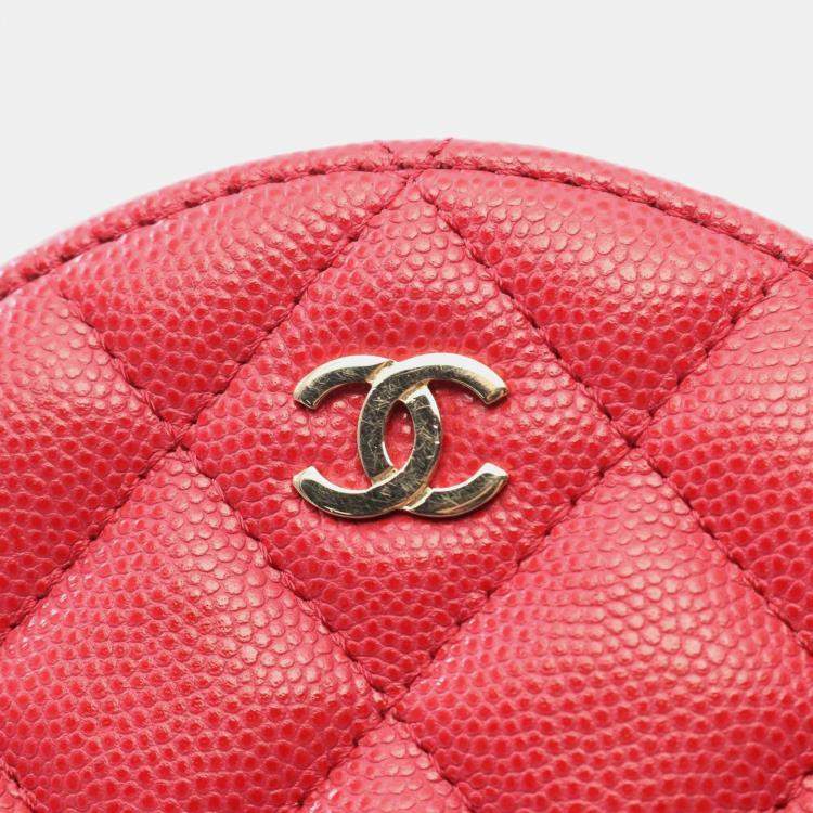 Pre Owned Chanel Red Quilted Caviar Round Clutch With Chain