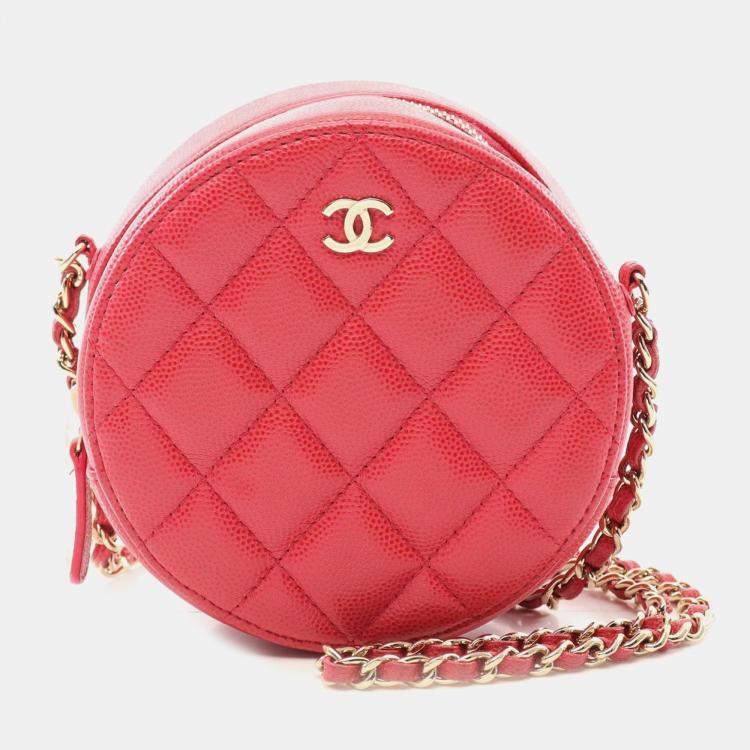 Pre Owned Chanel Red Quilted Caviar Round Clutch With Chain