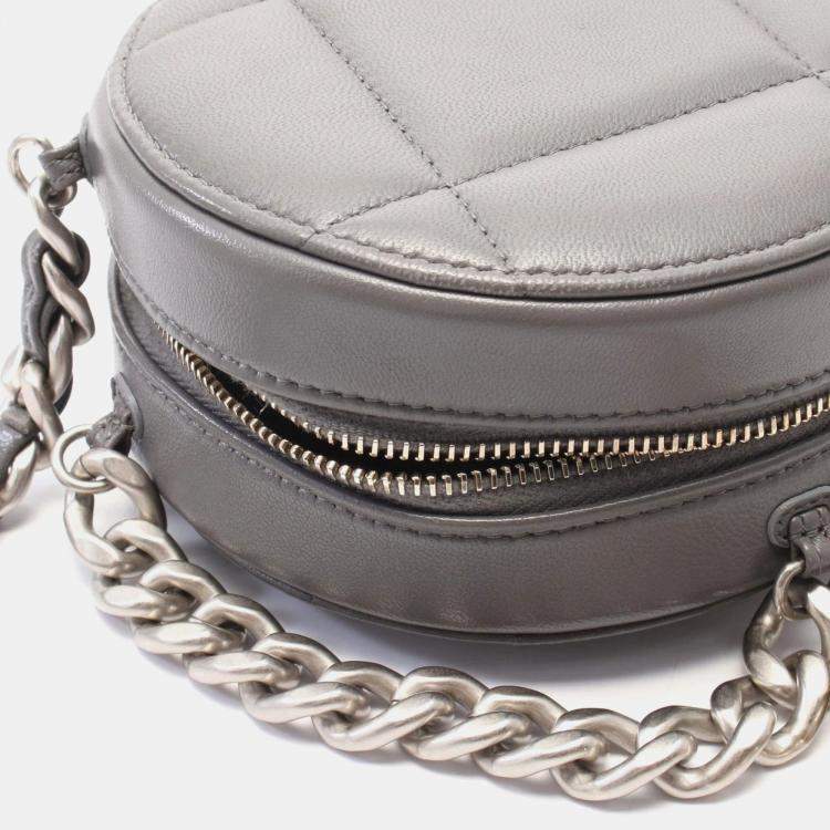 Pre Owned Chanel Grey Shiny Quilted Goatskin Chanel 19 Round Clutch With Chain 