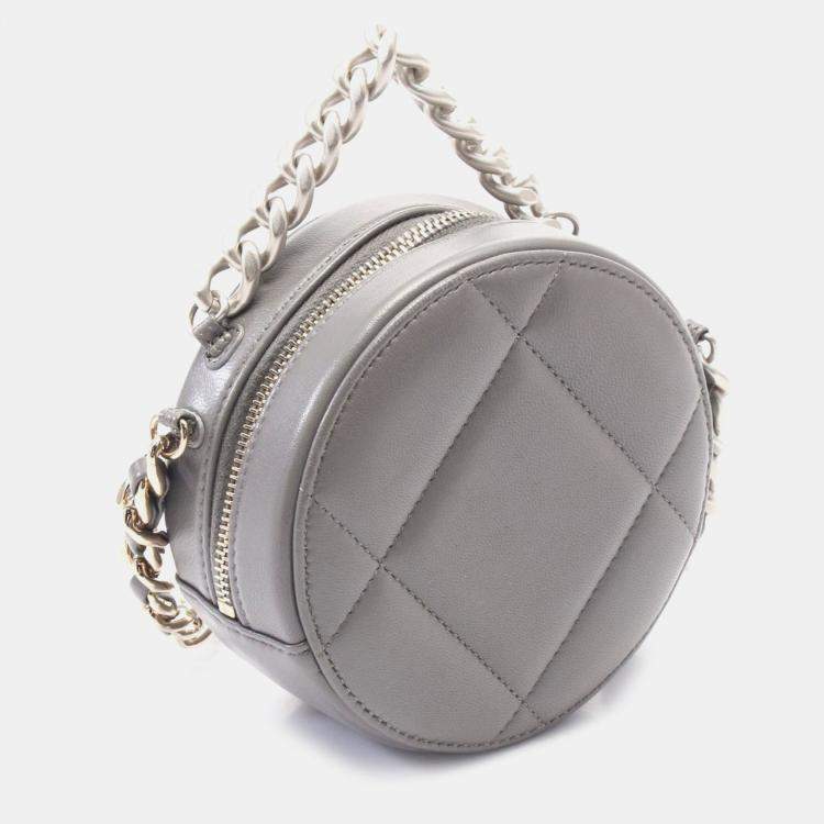 Pre Owned Chanel Grey Shiny Quilted Goatskin Chanel 19 Round Clutch With Chain 