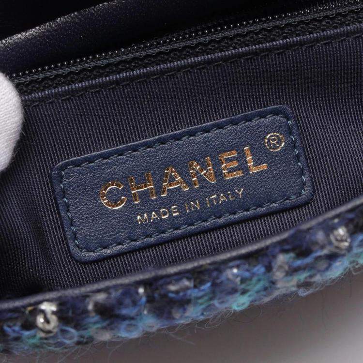Pre Owned Chanel Blue Multicolor Tweed Quilted Enamel CC Double Flap Bag
