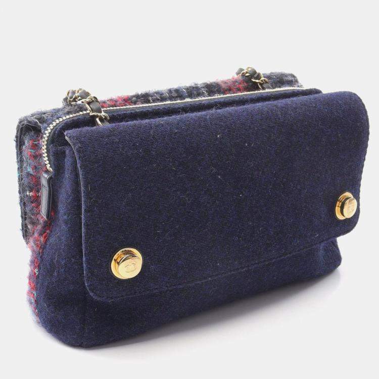 Pre Owned Chanel Blue Multicolor Tweed Quilted Enamel CC Double Flap Bag