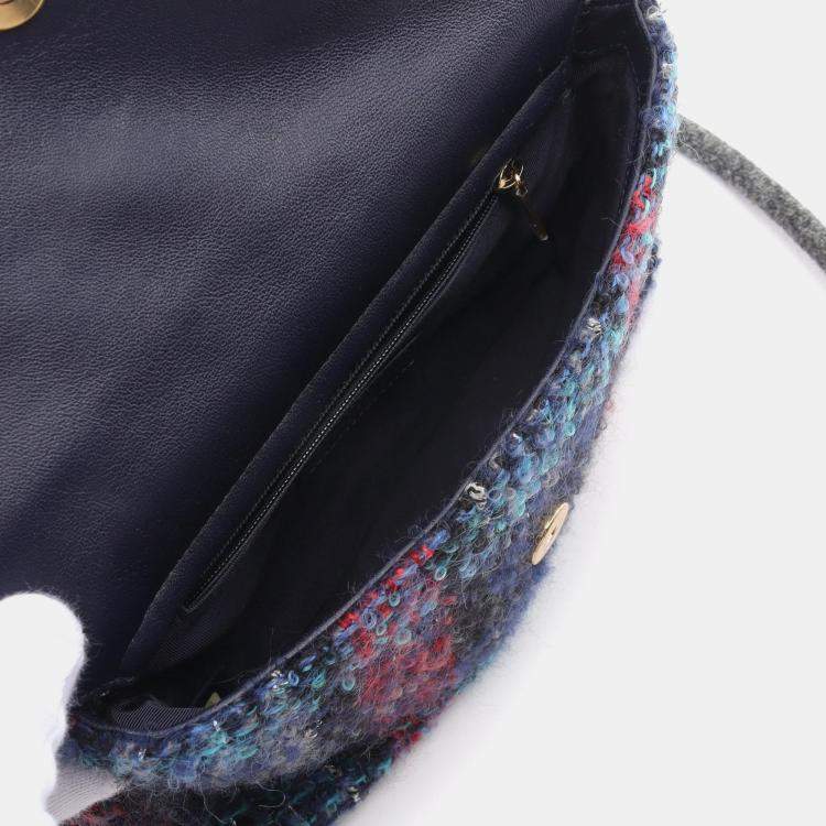 Pre Owned Chanel Blue Multicolor Tweed Quilted Enamel CC Double Flap Bag