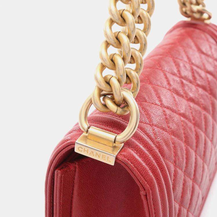 Pre Owned Chanel Red Grained Leather Boy Shoulder Bag