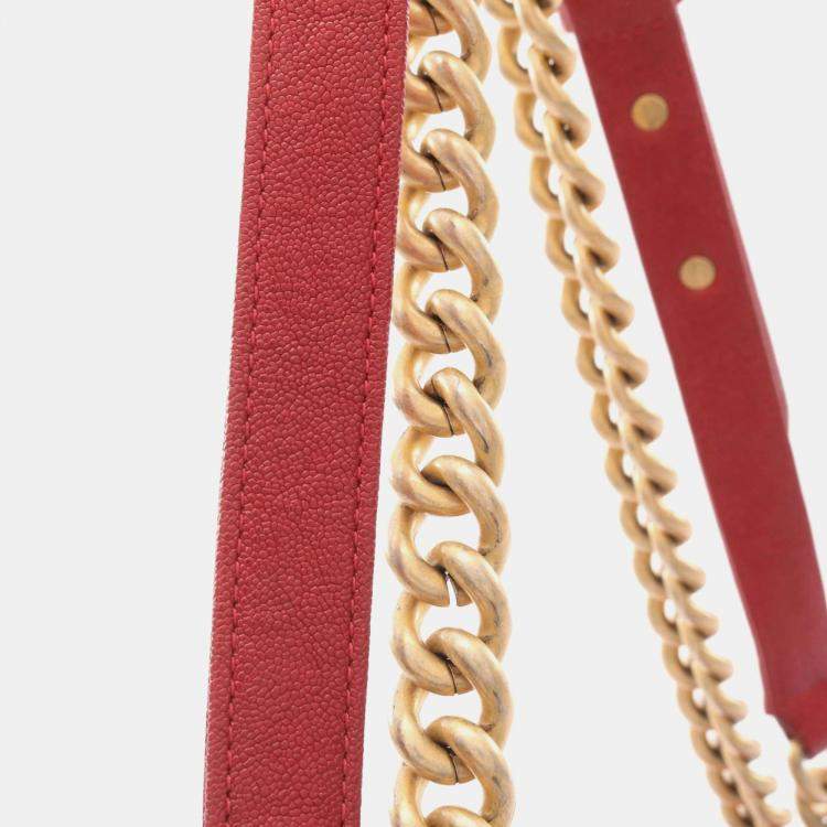 Pre Owned Chanel Red Grained Leather Boy Shoulder Bag