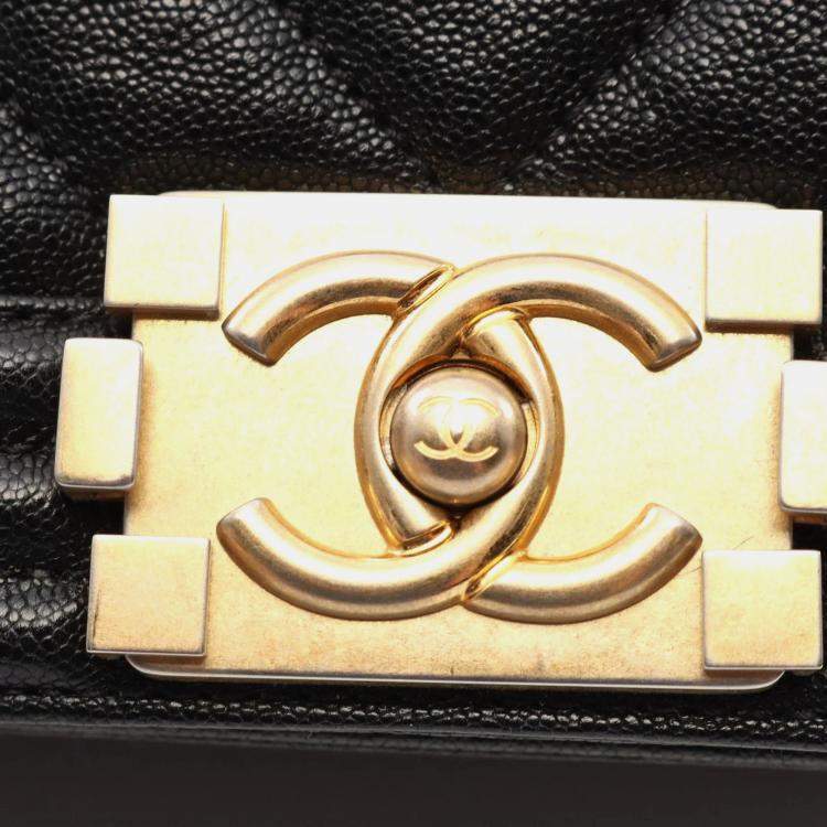 Pre Owned Chanel Black Caviar Chevron Quilted Boy Flap Bag