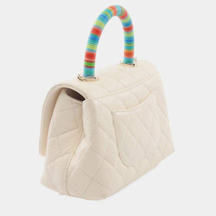 Pre Owned Chanel White Quilted Chevre  Rainbow Coco Handle Flap Bag