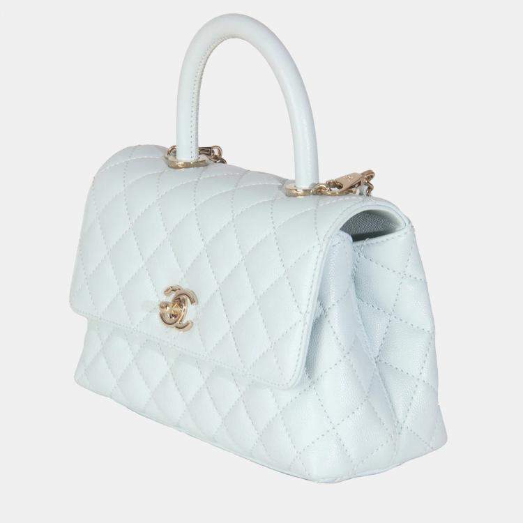 Pre Owned Chanel 21K Blue Quilted Caviar Mini Coco Handle Flap Bag