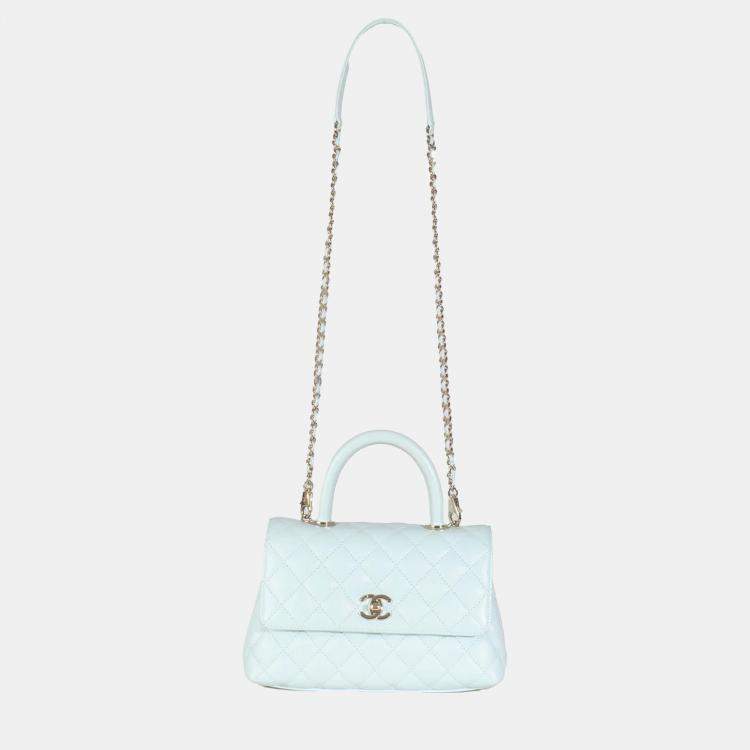 Pre Owned Chanel 21K Blue Quilted Caviar Mini Coco Handle Flap Bag