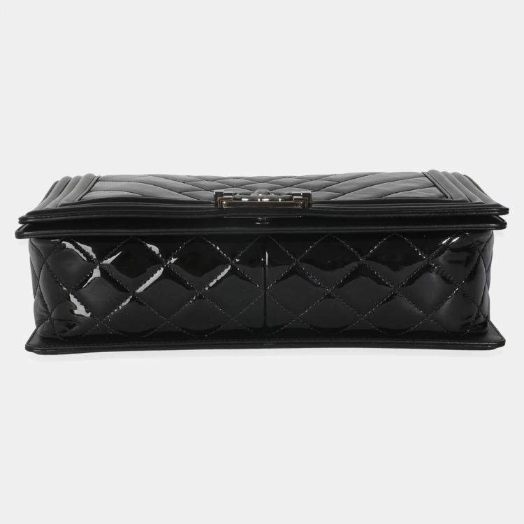 Pre Owned Chanel Black Patent Chevron Old Medium Boy Bag
