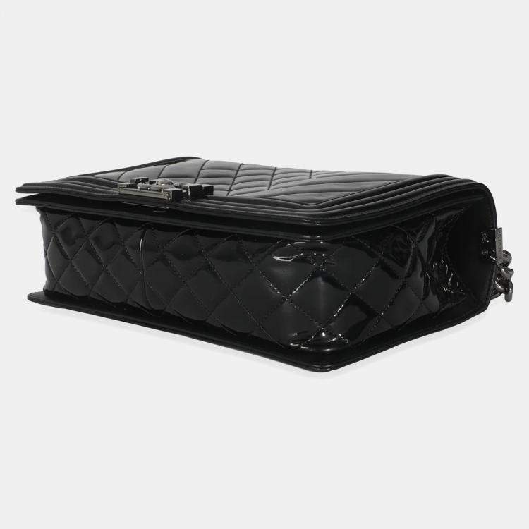 Pre Owned Chanel Black Patent Chevron Old Medium Boy Bag