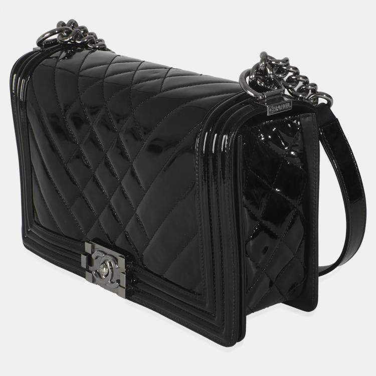 Pre Owned Chanel Black Patent Chevron Old Medium Boy Bag