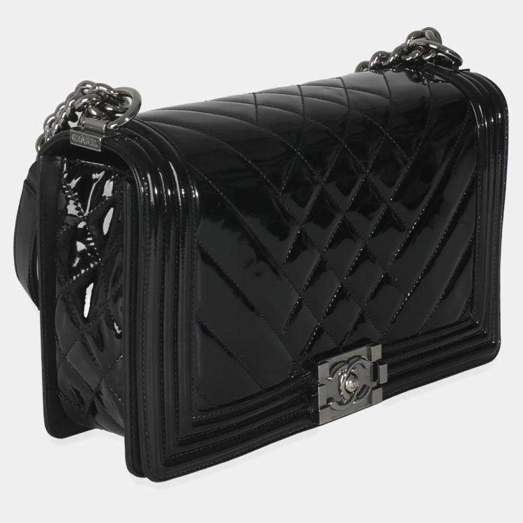 Pre Owned Chanel Black Patent Chevron Old Medium Boy Bag