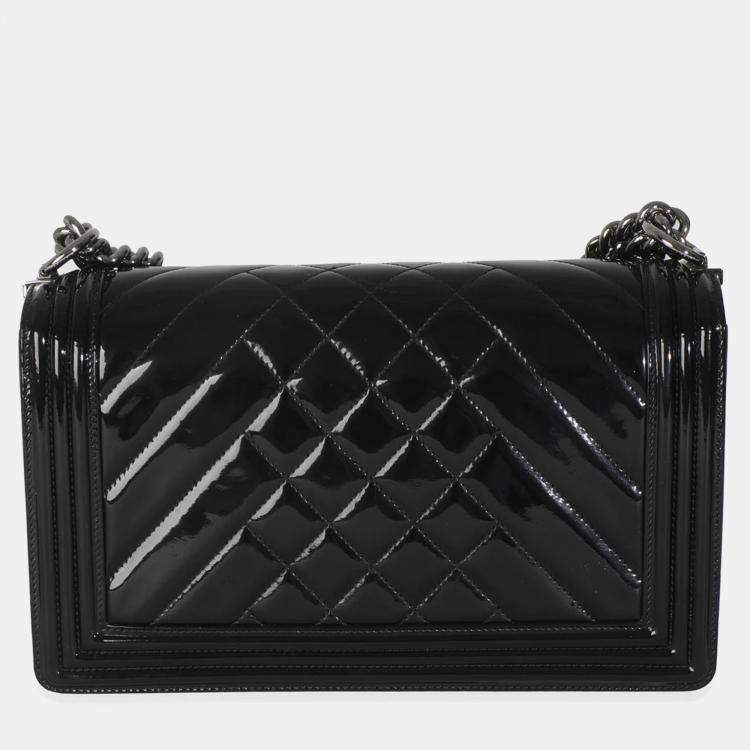 Pre Owned Chanel Black Patent Chevron Old Medium Boy Bag