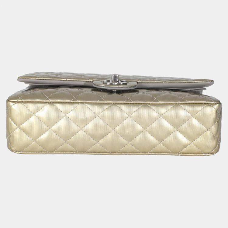 Pre Owned Chanel Gold Striated Quilted Patent Medium Classic Double Flap Bag