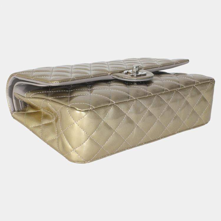 Pre Owned Chanel Gold Striated Quilted Patent Medium Classic Double Flap Bag