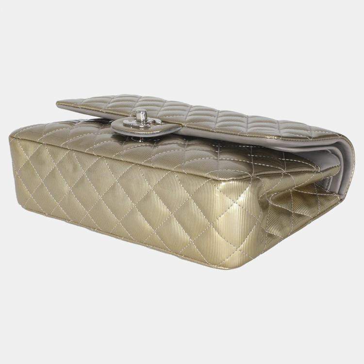 Pre Owned Chanel Gold Striated Quilted Patent Medium Classic Double Flap Bag