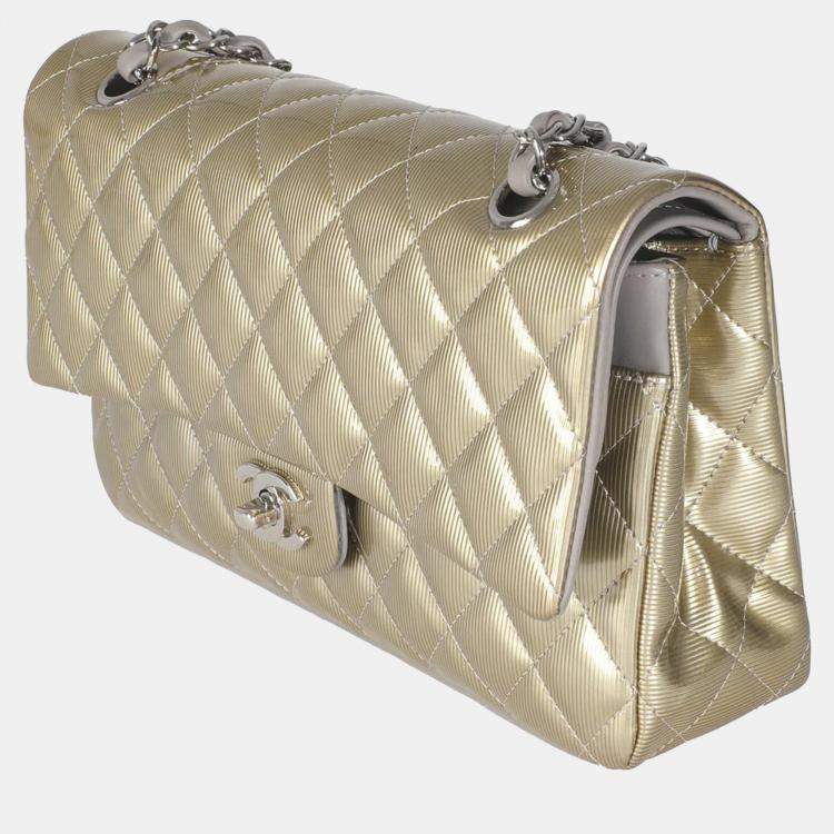 Pre Owned Chanel Gold Striated Quilted Patent Medium Classic Double Flap Bag
