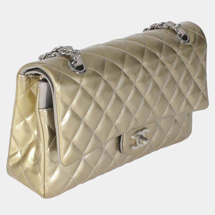 Pre Owned Chanel Gold Striated Quilted Patent Medium Classic Double Flap Bag