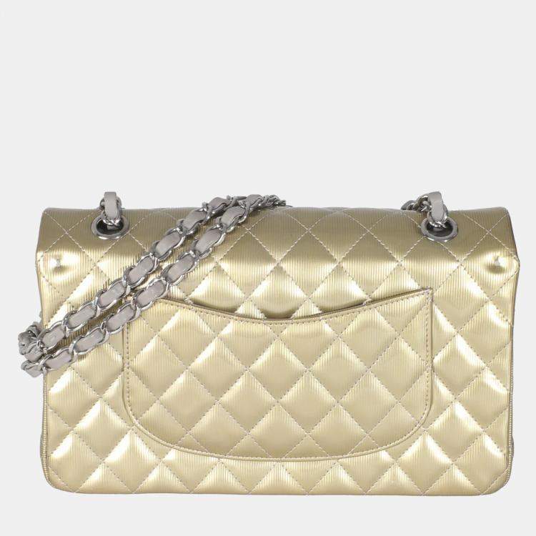 Pre Owned Chanel Gold Striated Quilted Patent Medium Classic Double Flap Bag