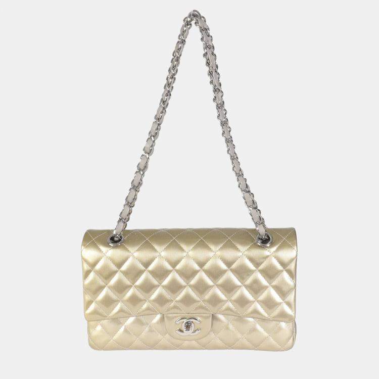 Pre Owned Chanel Gold Striated Quilted Patent Medium Classic Double Flap Bag