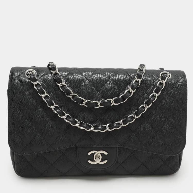 Pre Owned Chanel Black Quilted Leather Jumbo Classic Double Flap Bag