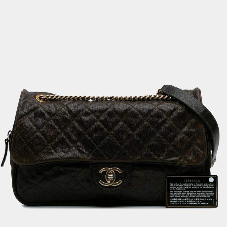 Pre Owned Chanel Brown Large Quilted Glazed Caviar Shiva Flap