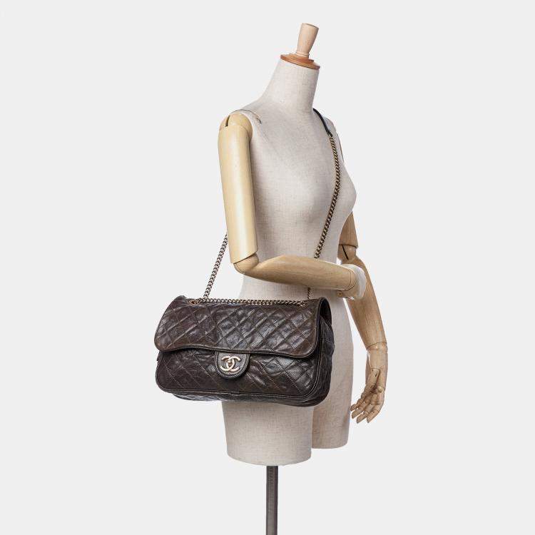 Pre Owned Chanel Brown Large Quilted Glazed Caviar Shiva Flap