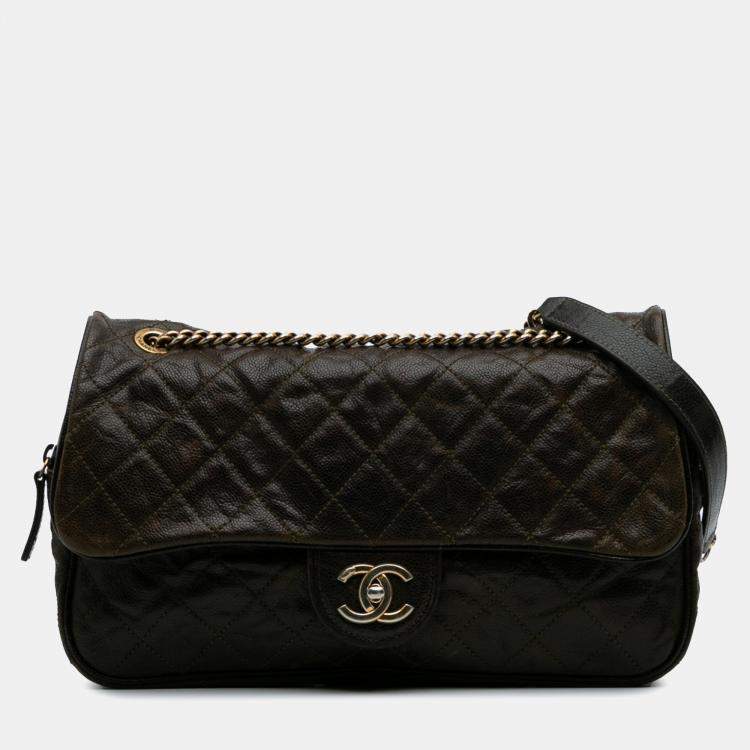 Pre Owned Chanel Brown Large Quilted Glazed Caviar Shiva Flap