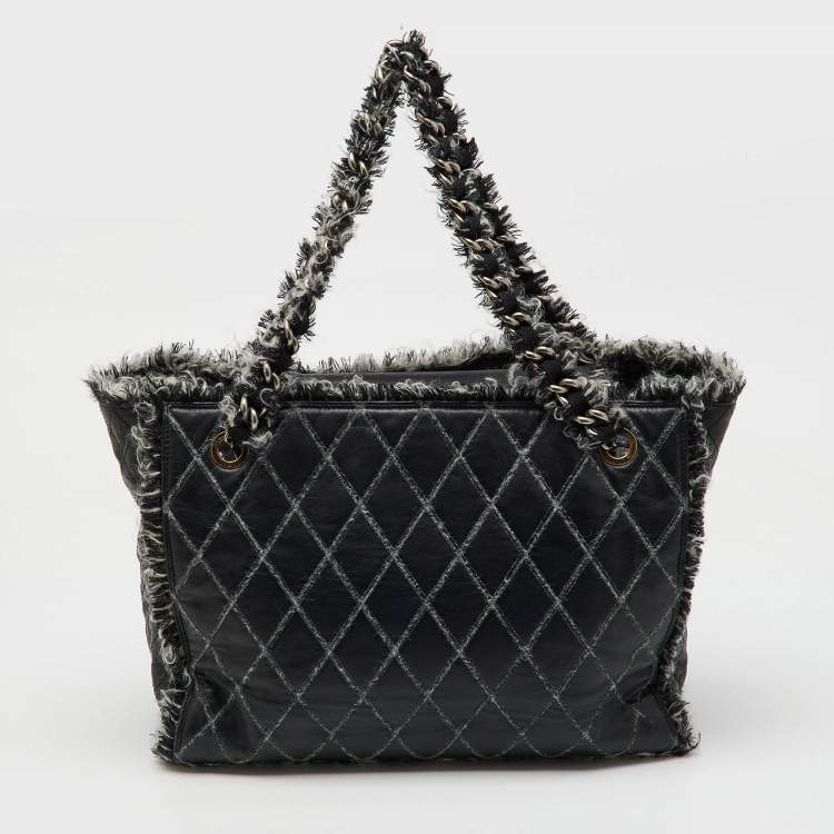 Pre Owned Chanel Black Quilted Leather and Funny Tweed CC Shopper Tote