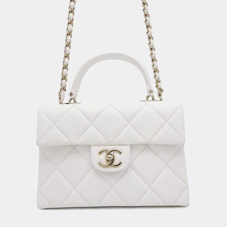 Pre Owned Chanel Matelasse White Caviar Leather Top Handle Bag