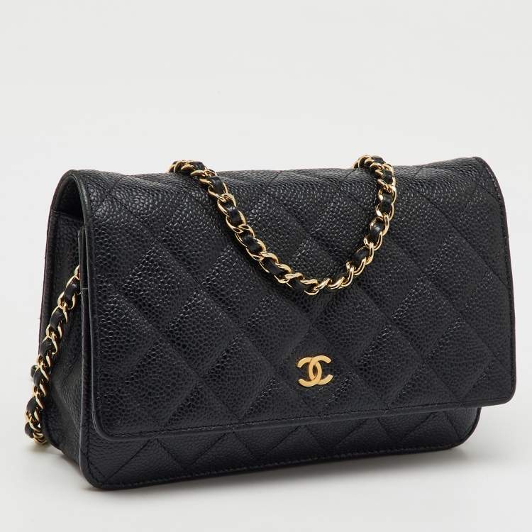 Pre Owned Chanel Black Quilted Caviar Leather CC Classic Wallet On Chain