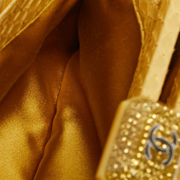 Pre Owned Chanel Gold Python Kiss Lock Frame Clutch
