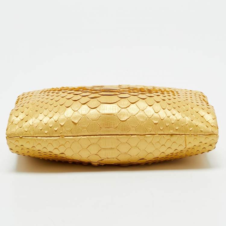 Pre Owned Chanel Gold Python Kiss Lock Frame Clutch