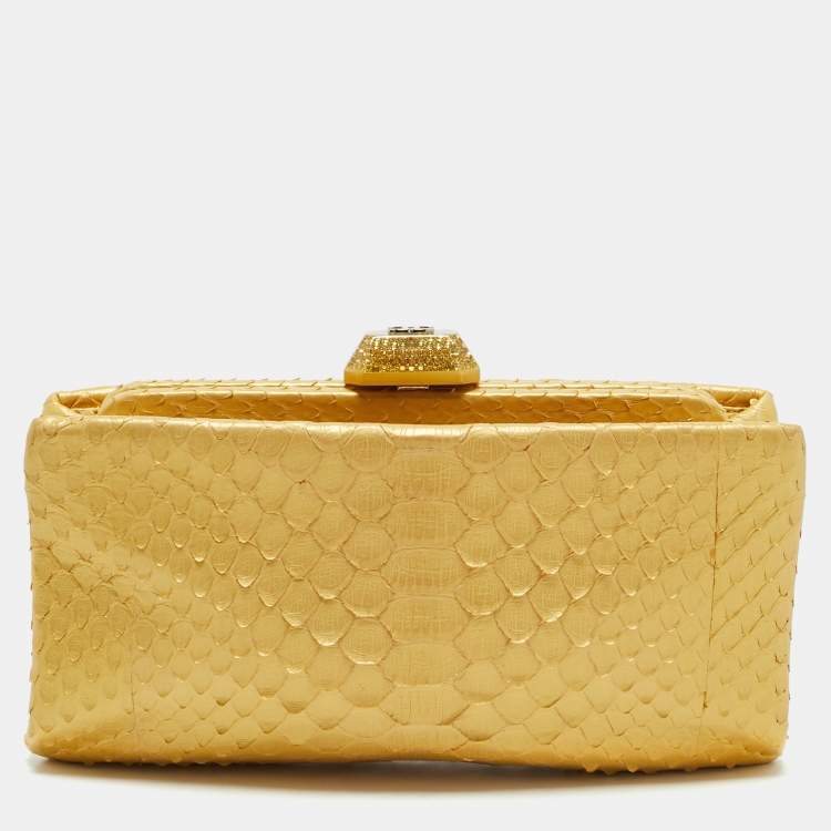 Pre Owned Chanel Gold Python Kiss Lock Frame Clutch
