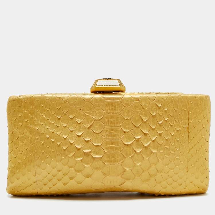 Pre Owned Chanel Gold Python Kiss Lock Frame Clutch