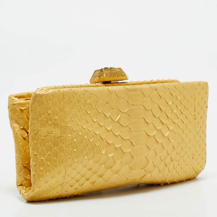 Pre Owned Chanel Gold Python Kiss Lock Frame Clutch
