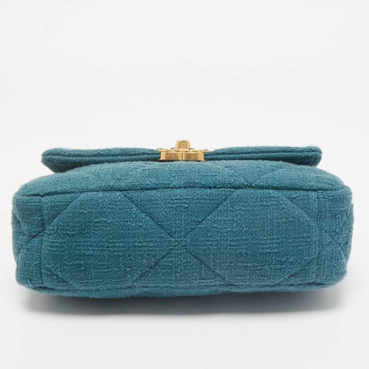 Pre Owned Chanel Dark Green Quilted Tweed Small 19 Flap Bag