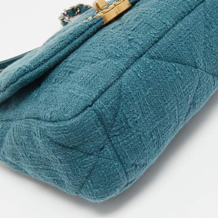Pre Owned Chanel Dark Green Quilted Tweed Small 19 Flap Bag