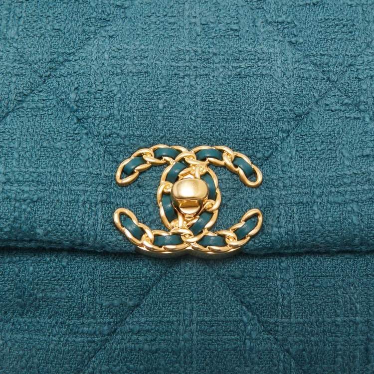 Pre Owned Chanel Dark Green Quilted Tweed Small 19 Flap Bag