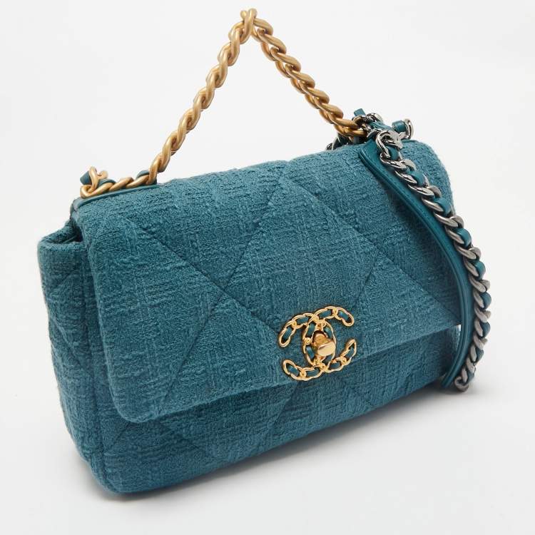 Pre Owned Chanel Dark Green Quilted Tweed Small 19 Flap Bag