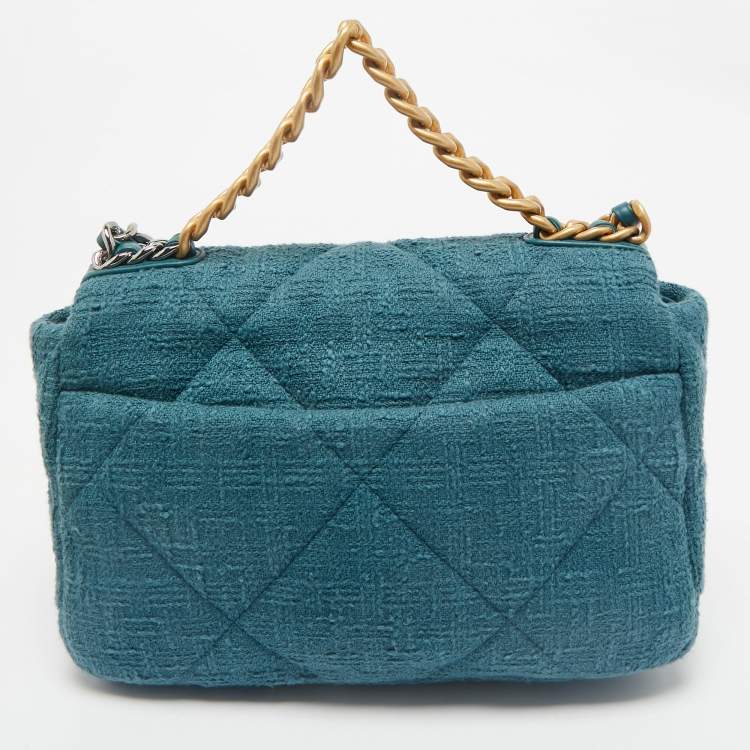 Pre Owned Chanel Dark Green Quilted Tweed Small 19 Flap Bag