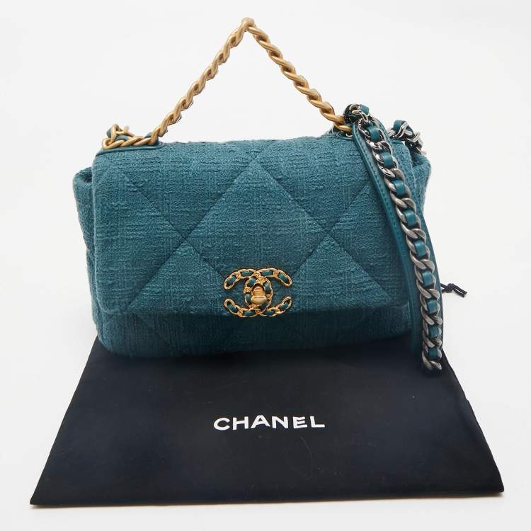 Pre Owned Chanel Dark Green Quilted Tweed Small 19 Flap Bag