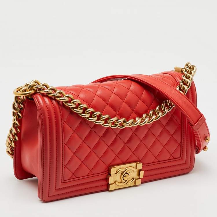 Pre Owned Chanel Orange Quilted Leather Medium Boy Flap Bag