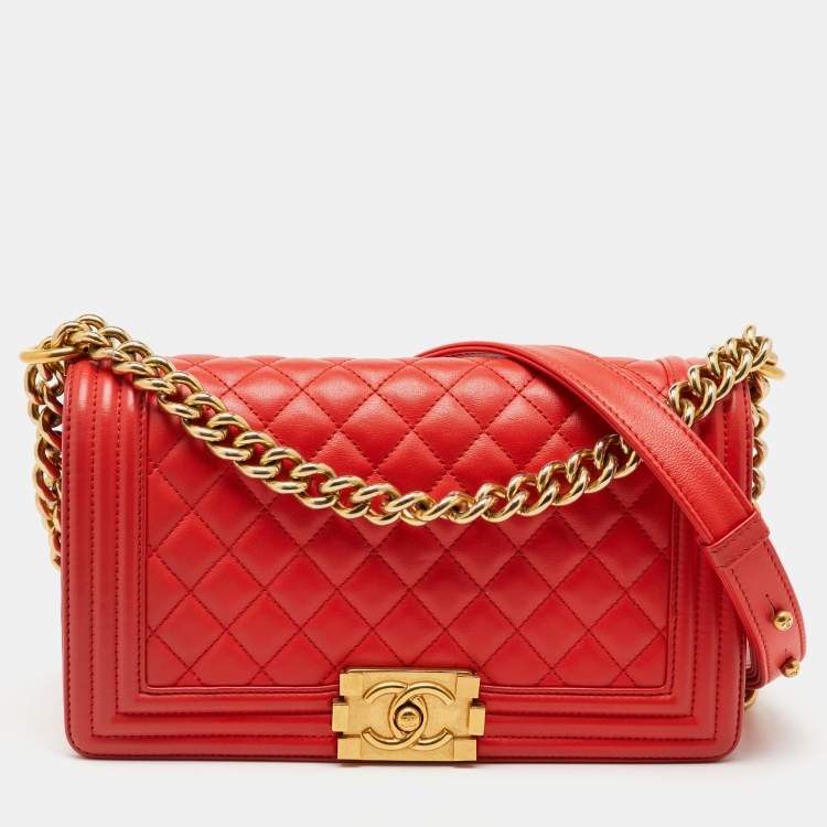 Pre Owned Chanel Orange Quilted Leather Medium Boy Flap Bag