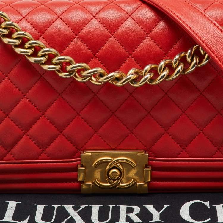 Pre Owned Chanel Orange Quilted Leather Medium Boy Flap Bag
