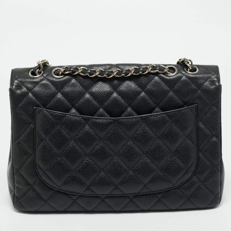 Pre Owned Chanel Black Quilted Caviar Leather Jumbo Classic Single Flap Bag