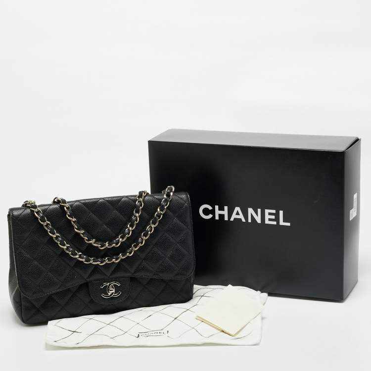Pre Owned Chanel Black Quilted Caviar Leather Jumbo Classic Single Flap Bag