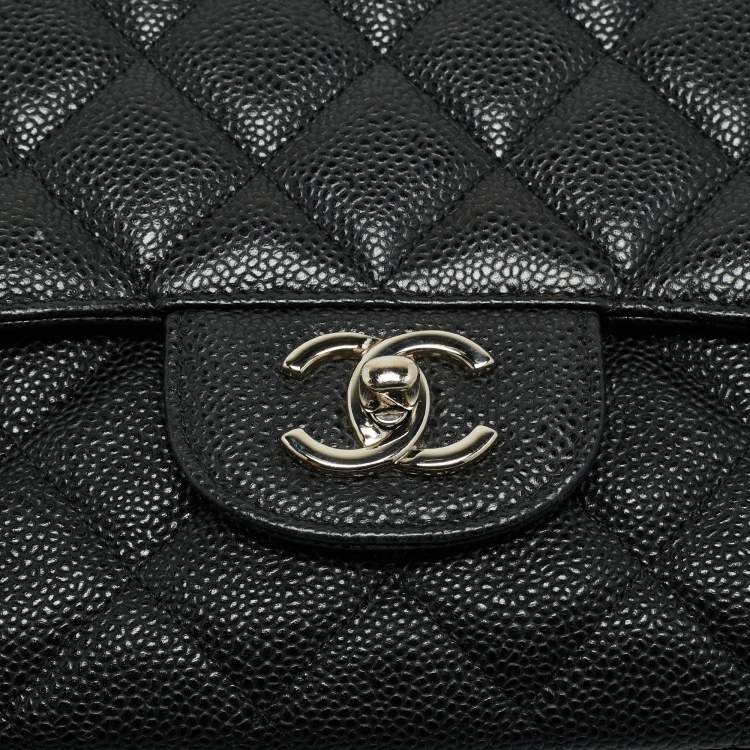 Pre Owned Chanel Black Quilted Caviar Leather Jumbo Classic Single Flap Bag